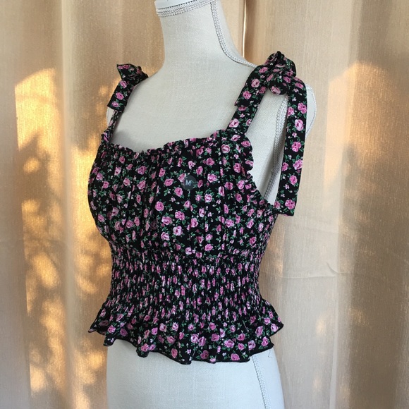 NWT! PacSun, Lottie Moss, Black Top with Pink Rose Floral Print - Picture 2 of 9